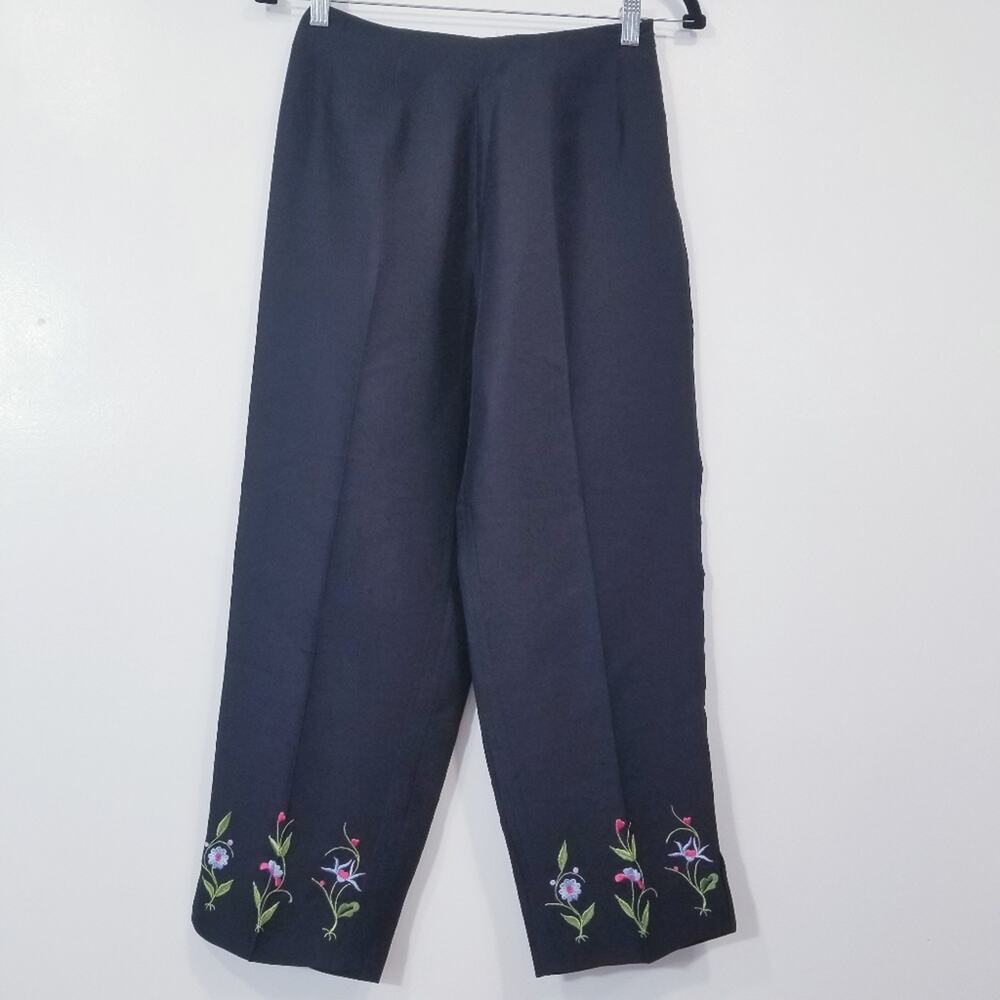 Tibi  100% Silk Floral Embroidered Black Fabric Crop Pants High Rise